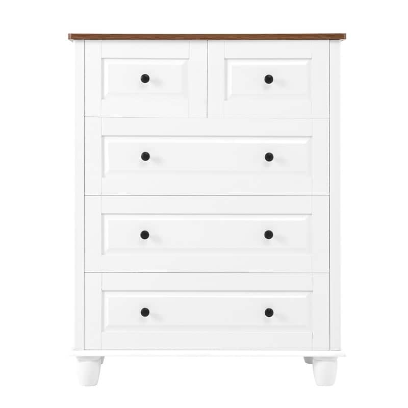 White Dresser with 5 Tall Chest of Drawers with Deep Space, Wood Storage Cabinet