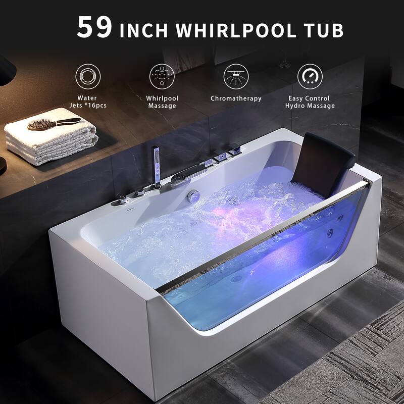 59 in. x 30 in. Alcove Whirlpool Bathtub Rectangular hydrotherapy Jetted Soaking Bath Tub with Center Drain in White