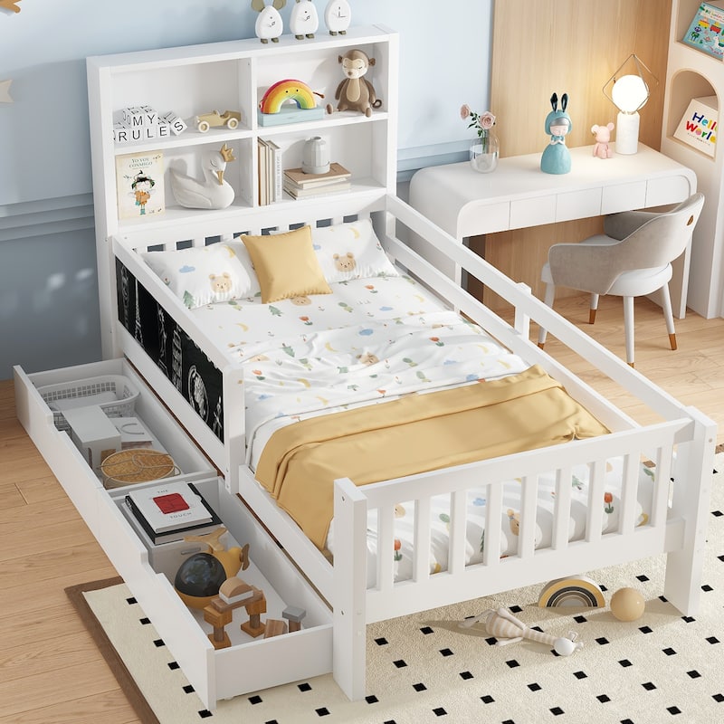 Childlike Fun Solid Wood Low-profile Platform Bed Storage Bed Frame with Side Chalkboard, Open Shelves, Drawers and Guardrails - Off White - Twin