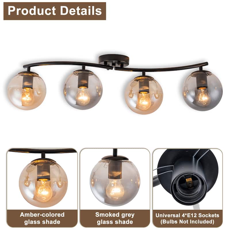 4 Lights Linear Metal Flush Mount Ceiling Light with Smoky and Amber Glass Globes - Dia.31.89-in