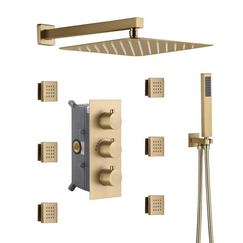 3 Functions Wall Mount Thermostatic Shower Faucet - Brushed Gold
