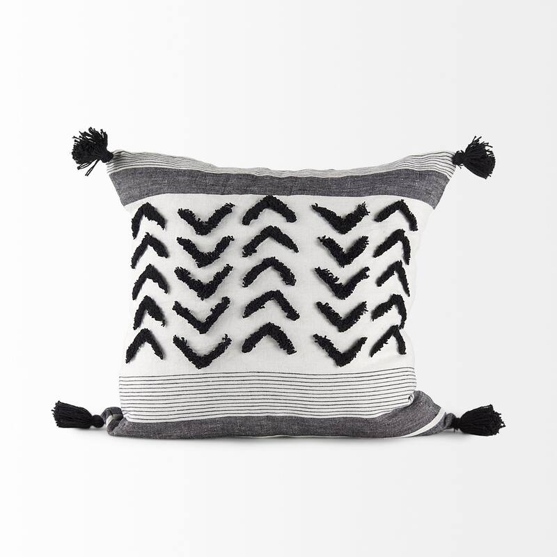 Kimia 14L x 26W White, Gray, and Black Fabric Herringbone and Fringed Decorative Pillow Cover