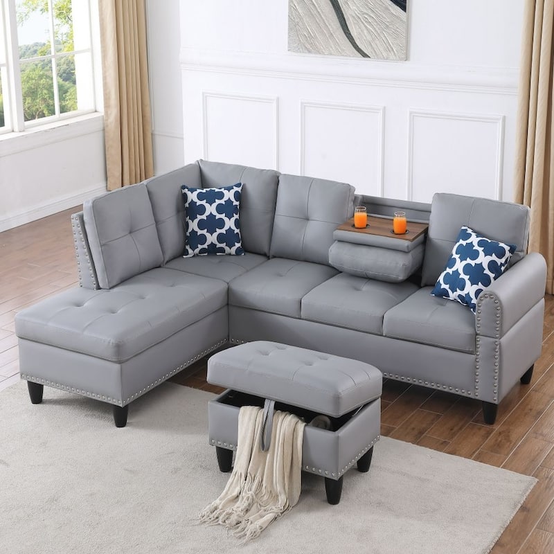 Faux Leather 3-Seat Sectional Sofa with Ottoman - Left Facing - Grey