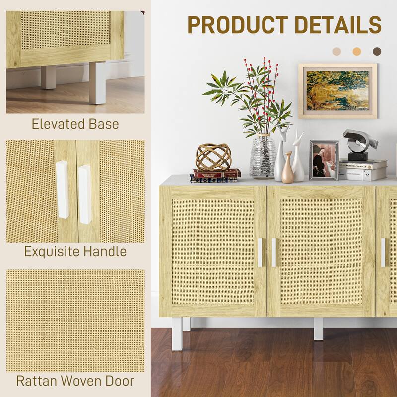 Boho Sideboard Buffet Cabinet with 3-Rattan Doors and Adjustable Shelves, White & Natural