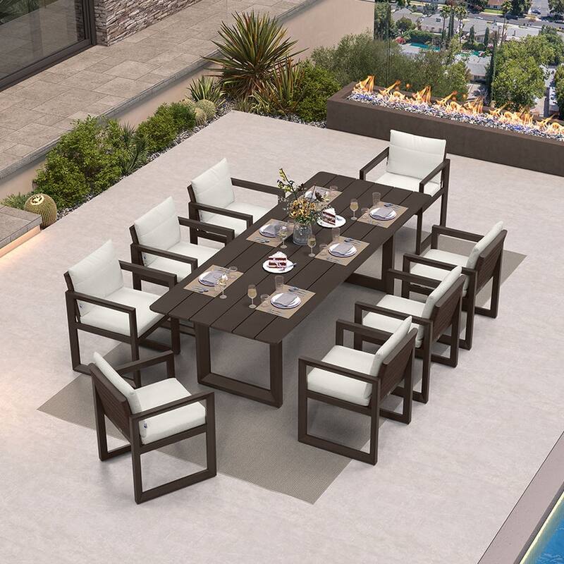 PURPLE LEAF Caesar Outdoor Dining Set Aluminum Luxury Patio Furniture with Olifen Removable Thick Cushion and Pillow-Bronze - 9-Piece（260）
