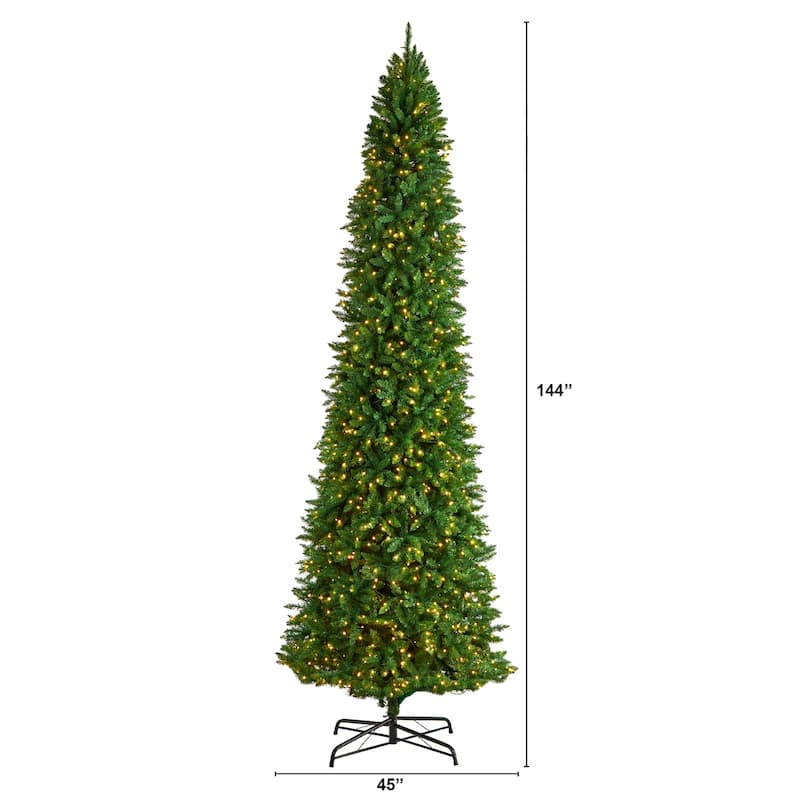12ft. Slim Pine Artificial Christmas Tree with 1100 Clear LED Lights & 3235 Tips - Grand Seasonal Holiday X-Mas Display