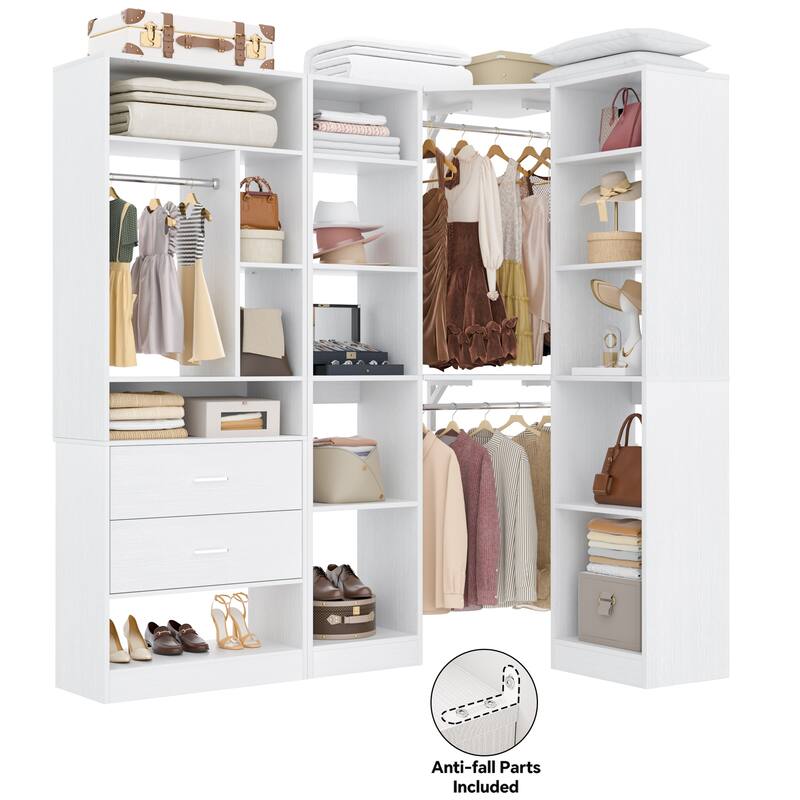 Rackcog 63.2'' W Corner Closet System with 2 Wooden Drawers and 3 Hanging Rods, Walk-in Closet Organizer with 12 Storage Shelves