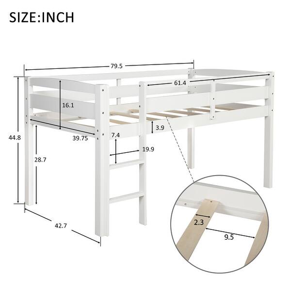 Maximized space Design Low Wood Loft Beds with Ladder and Guardrails, Solid Construction, Twin, White