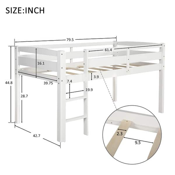 White Twin Size Wood Low Loft Bed with Ladder and Fence for Kids, Boys and Girls