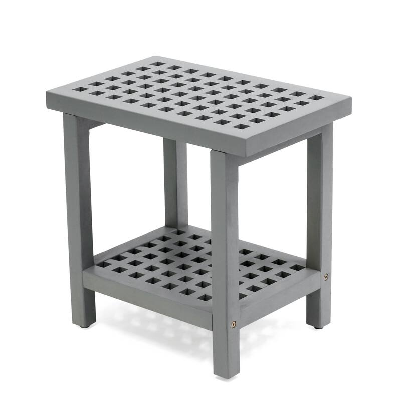 Armin 18.1" Classic Grid Slat Solid Acacia Wood Indoor/Outdoor Shower Stool, By JONATHAN Y - 18.1L x 11.81W x 17.72H - Gray