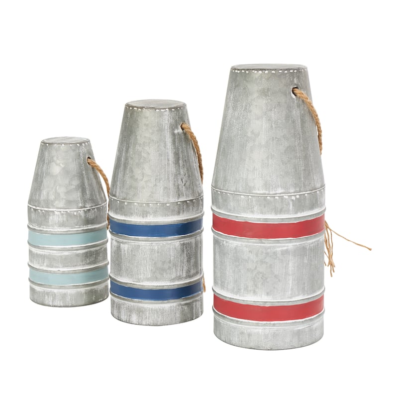 Gray or White Metal Striped Buoy Sculpture with Rope Handles (Set of 3)