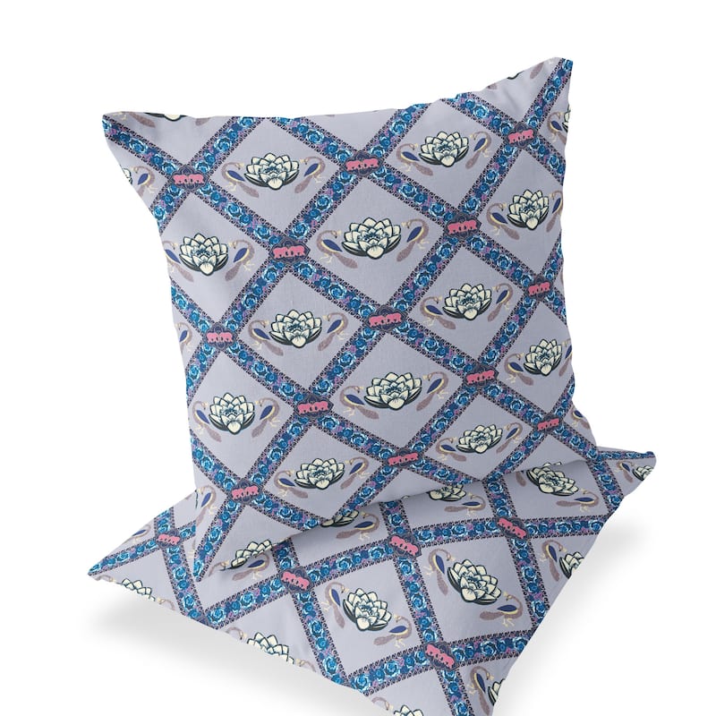 HomeRoots Set of Two 16" X 16" Blue and Gray Peacock Blown Seam Floral Indoor Outdoor Throw Pillow - 16.00' X '16.00' X '5.00