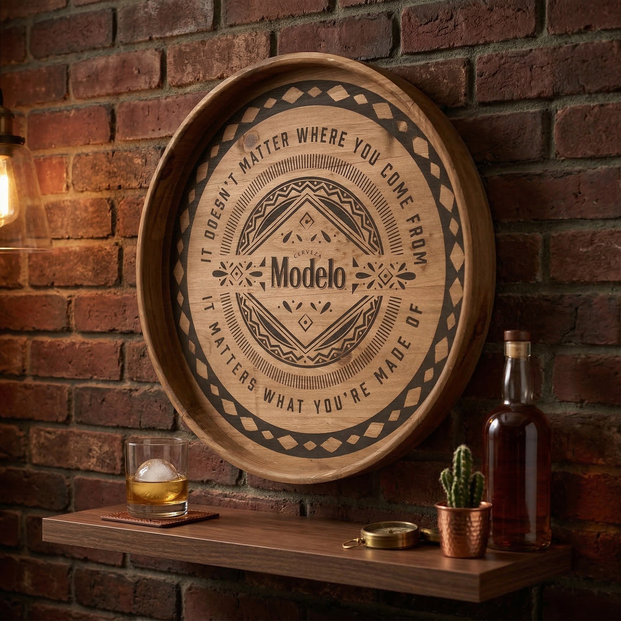Rustic Modelo Cerveza Barrel Wall Decor Sign, Framed Natural Wood Plaque for Man Cave, Home Bar, Kitchen, Garage & Office - 18"