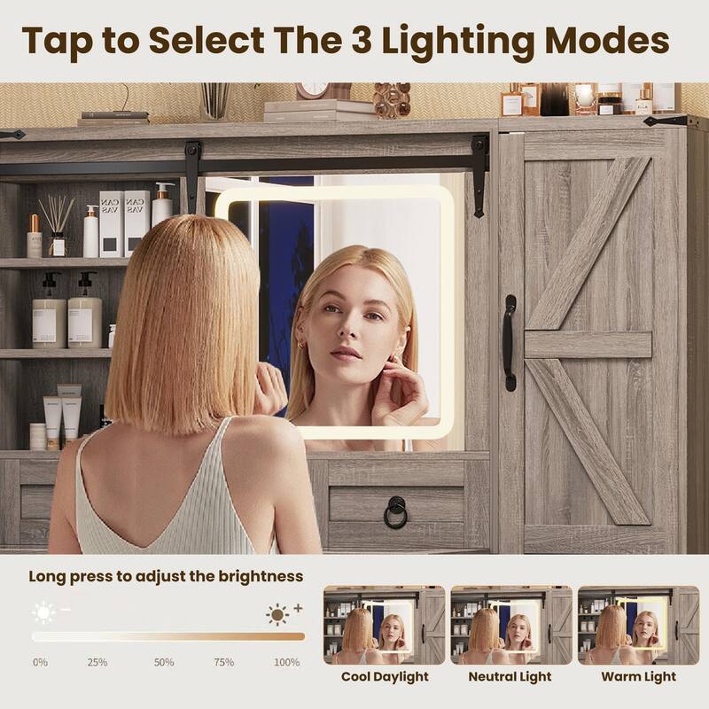 Farmhouse Vanity Desk with Sliding Mirror & Lights, Glass Top Vanity Set