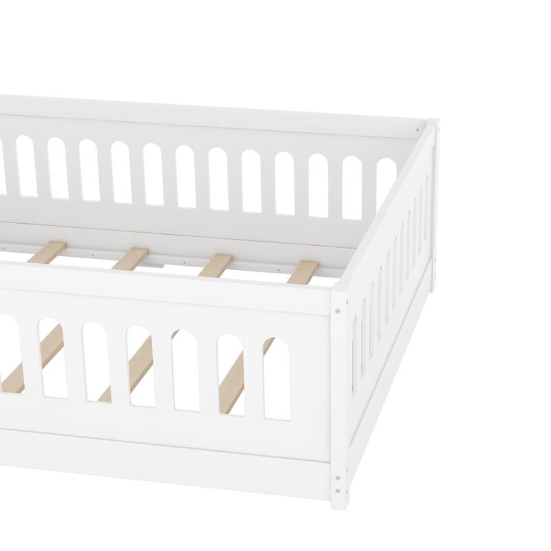 Full Size Floor Bed with Slats, Solid Wood Bedframe with Heightened Safety Guardrails and Door