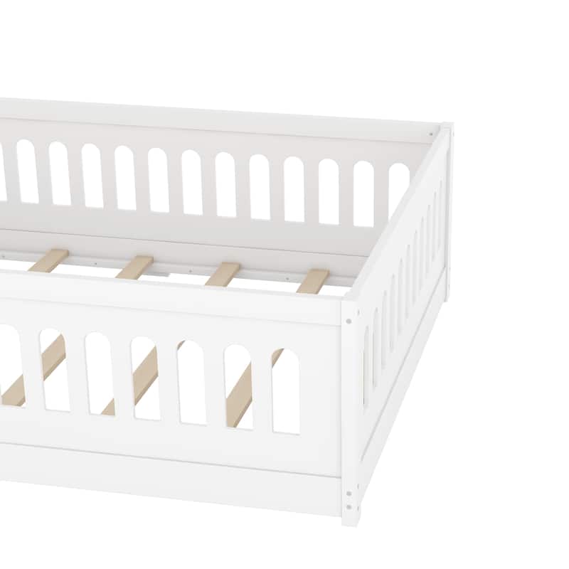 Solid Wood Montessori Floor Bed with Fence & Doors, Wood Slats Support