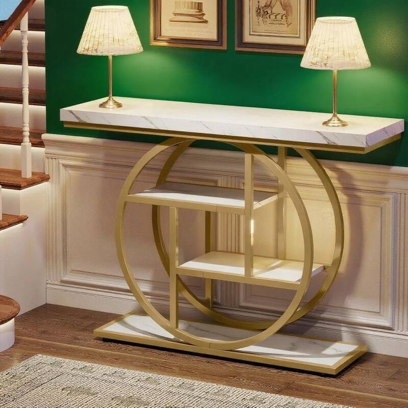 Metal 4-Tier Industrial Narrow Console Table with Storage and Display Space - 41.34” L x 11.81” W x 31.5” H - White-Gold