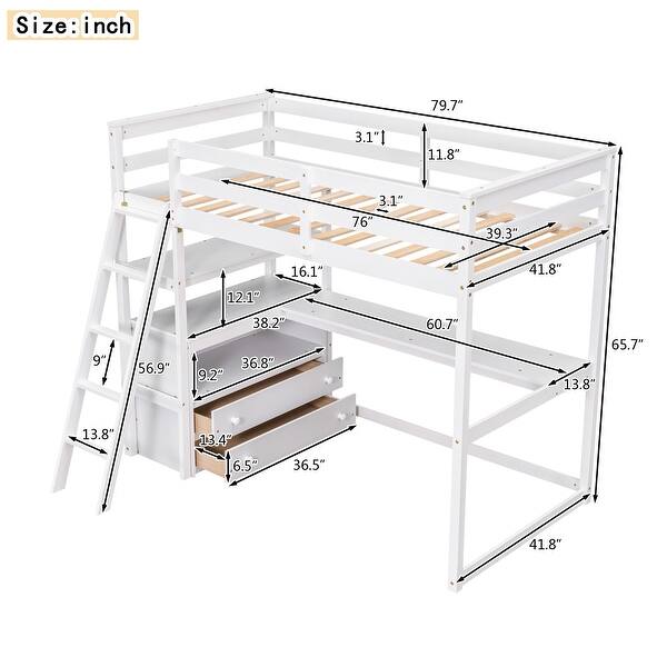 Twin Size Loft Bed with Desk, Shelves, and Two Built-in Drawers in White, Modern Design for Kids' Rooms