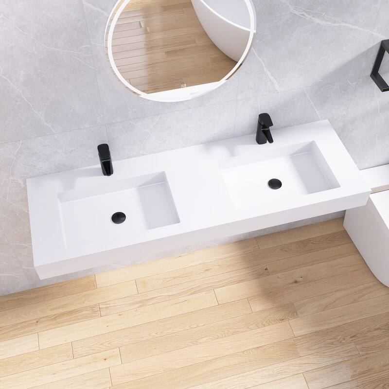 Tubcraft 47/59 in. Stone Solid Surface Wall-Mounted Rectangular Double Vessel Bathroom Sinks