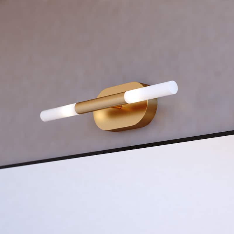 Fulton 2 Light Integrated LED Contemporary Bathroom Vanity Fixture White Shade - Satin Brass - 4.25-in W x 18-in H x 4.5-in D