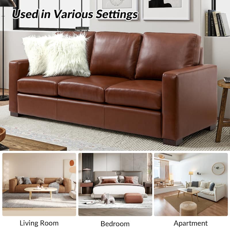 Ernando 83.46" Wide Genuine Leather Sofa with Squared Arms and Pillows