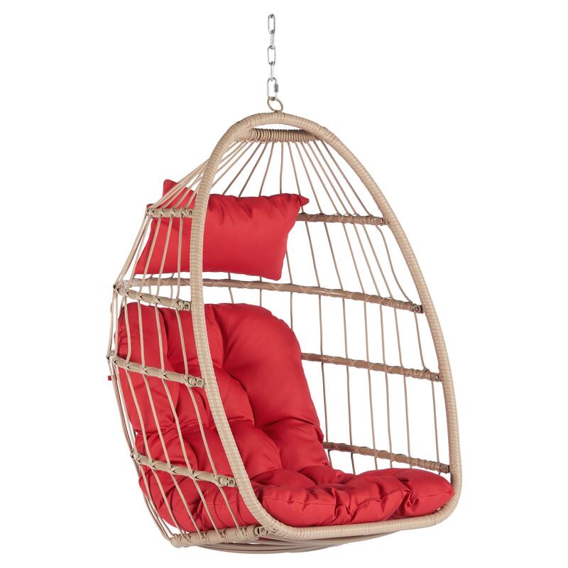 Rattan Egg Hanging Chair with UV-Resistant PE Wicker with Wood Frame and Waterproof Cushion
