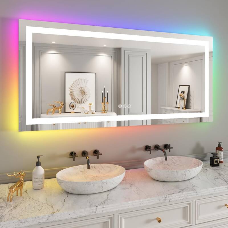 KIOTEE Rectangular LED Frontlit & RGB Backlit Anti-Fog Tempered Glass Bathroom Vanity Mirror with ETL and 3-Year Warranty - 60x28