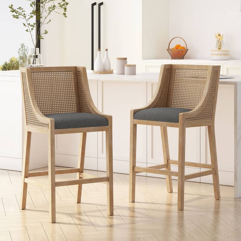 French Country Breck Upholstered Barstools with Cane Backrest (Set of 2) - 30-inch Seat Height by Christopher Knight Home. - Charcoal/ Natural