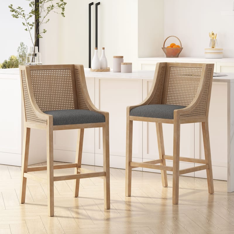 French Country Breck Upholstered Barstools with Cane Backrest (Set of 2) - 30-inch Seat Height by Christopher Knight Home - Charcoal/ Natural