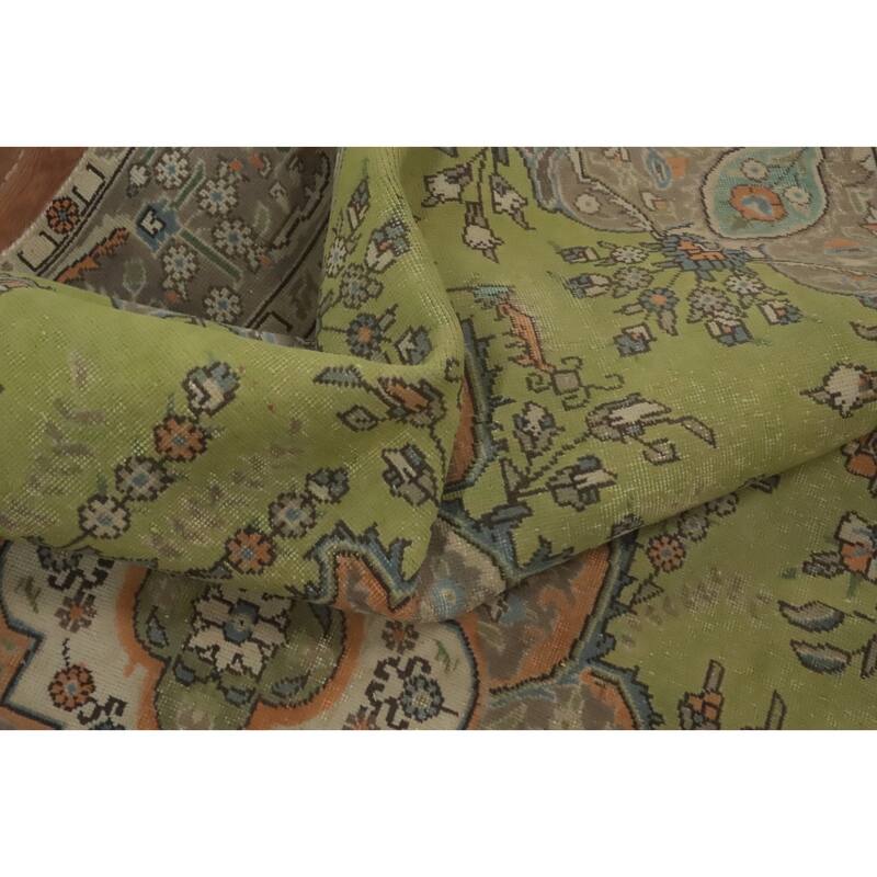 Hand Knotted Oriental 100% Wool Carpet Traditional Floral Green Tabriz Area Rug - 9' 1'' X 6' 1''