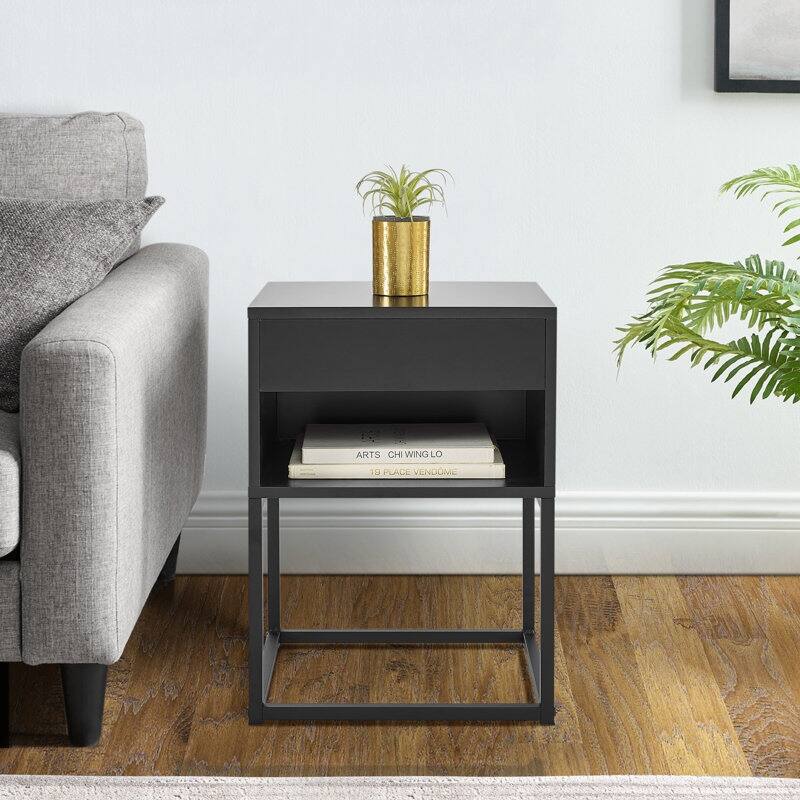 BIKAHOM Simple End Table with Drawer and Shelf for Any Room,Nightstand,Metal Leg Design - Black
