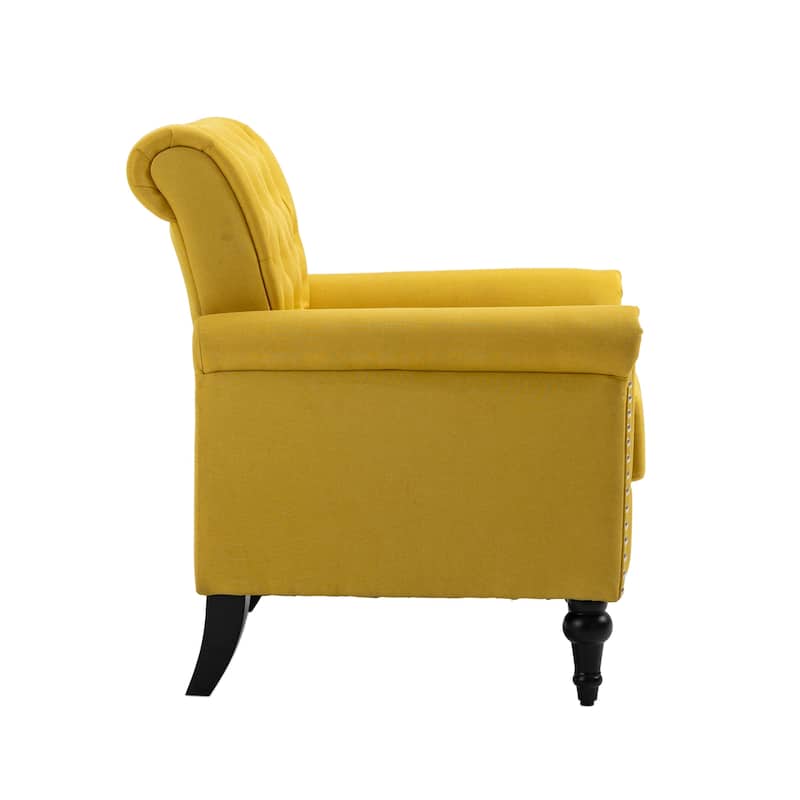 Linen Armchair w/Tufted Back/Wood Legs