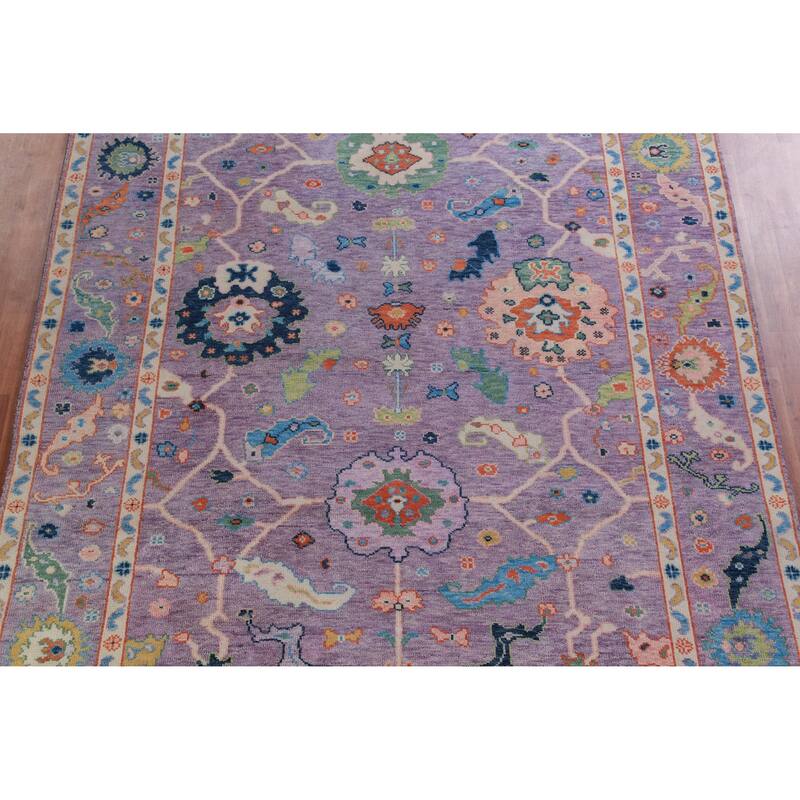 All-Over Purple Floral Oushak Indian Large Rug Handmade Wool Carpet - 7'11" x 15'10"