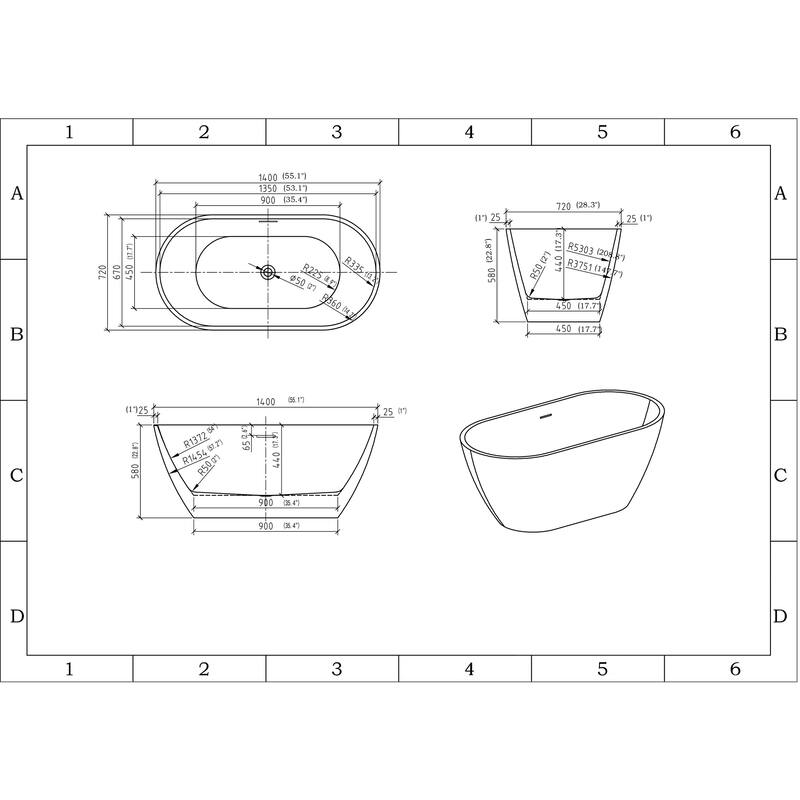 KBV 55'' x 29" Freestanding Soaking Acrylic Bathtub GTBT0016 - 55"