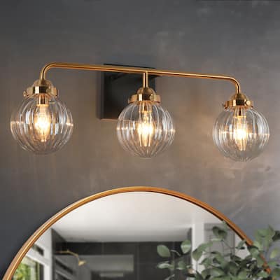 Modern Black Gold 3-Light Bathroom Vanity Light Wall Sconces with Ribbed Glass - L 21.5" x W 6.5" x H 8"