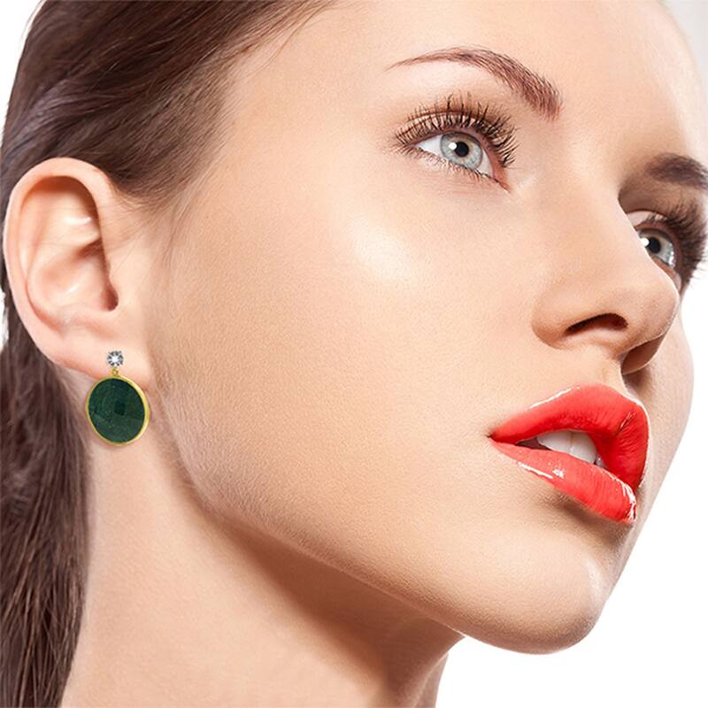 14K Solid Gold Diamonds Stud Earrings w/ Round Emerald Color Corundum