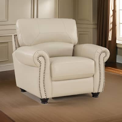Kia 37 Inch Accent Chair, Cream Top Grain and Faux Leather, Brown Wood