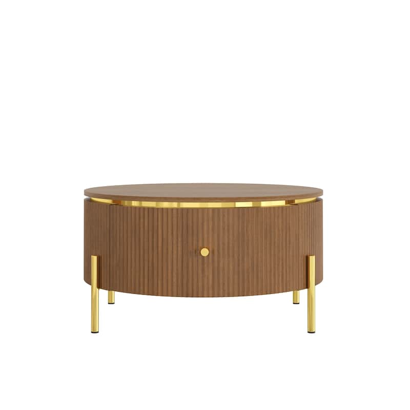 31.5" Round Coffee Table with Storage, Accent Center Table with 2 Drawers, Brown Cocktail Table with Metal Legs