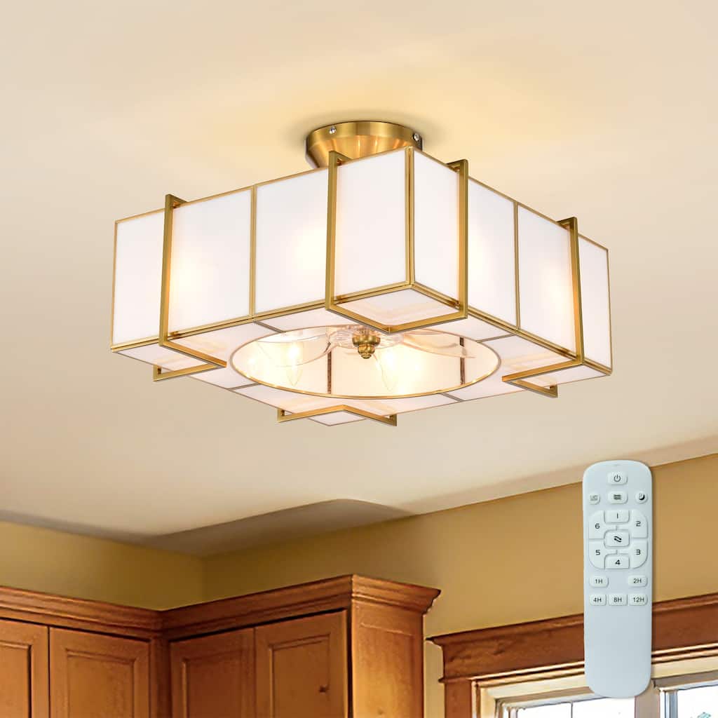 Olapine Square White Gold Trim Tiffany Glass Lighted Ceiling Fandelier with Remote