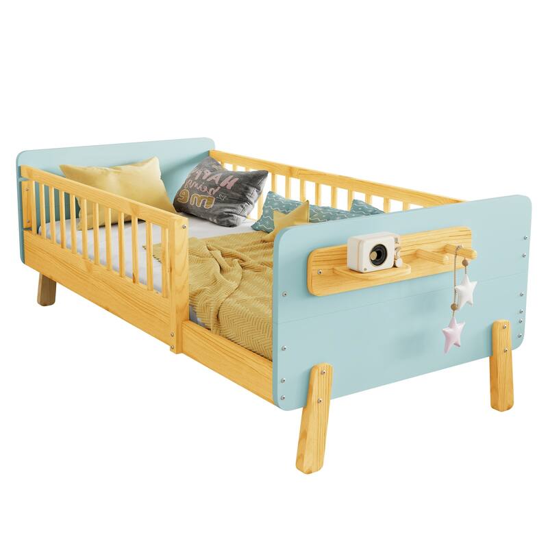 Kids Wood Platform Bed with Guardrails, Bottle Holder and 2 Hanging Rod, Convertible Toddler Daybed, Low Profile Design Frame