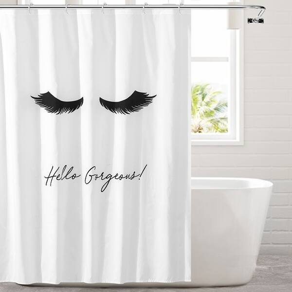 slide 2 of 9, LASH OUT LOUD Shower Curtain-Black Lashes White Shy Angel Polyester-1pc 72x72"