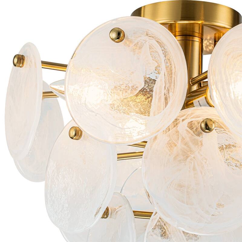 4-Light Tiered Cloud Glass Discs Semi-flush Mount - Burnished Brass - 13.8in