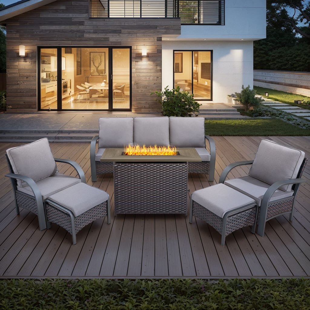 6 Pieces Fire Pit Table with Sofa Chair Ottoman Set - Beige cushion - Brown