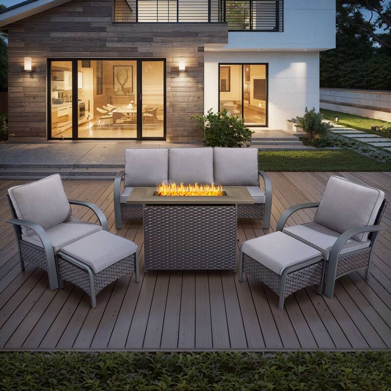 6 Pieces Fire Pit Table with Sofa Chair Ottoman Set - Beige - Brown