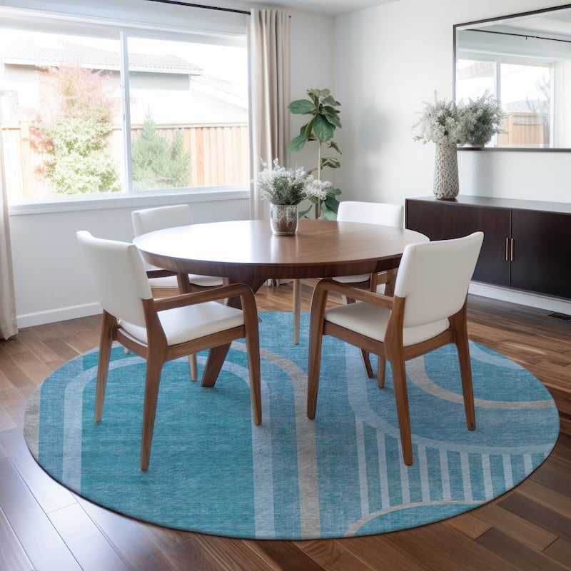 Machine Washable Indoor/ Outdoor Chantille Mid Century Modern Rug - Teal - 8' x 8'