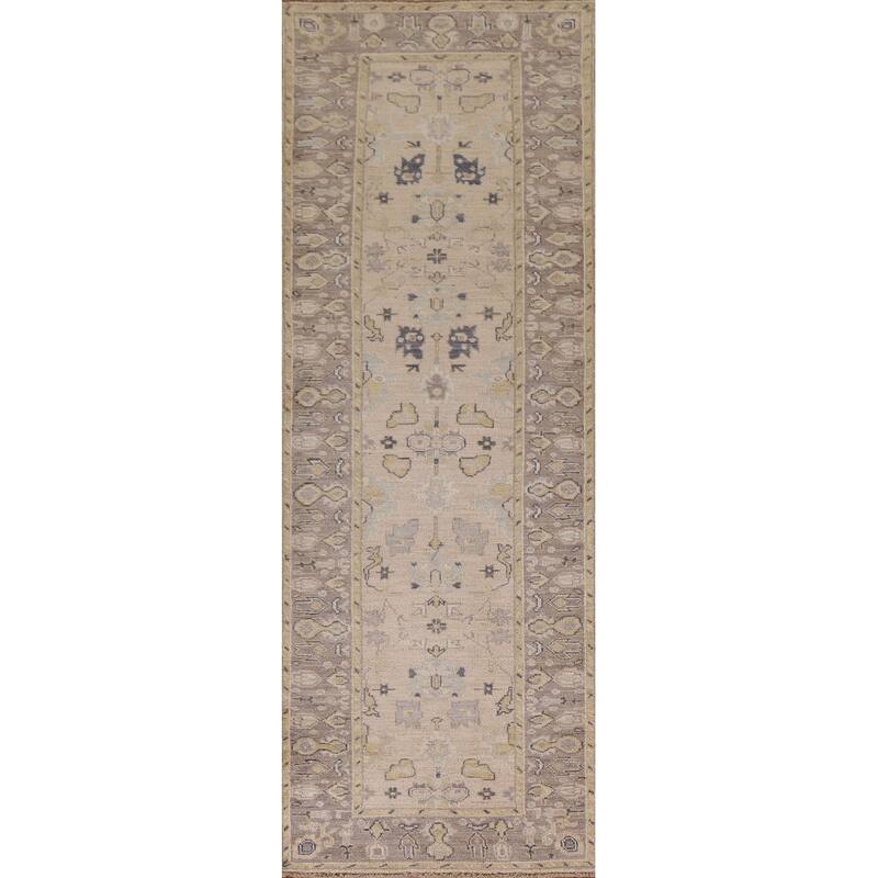 Hand Knotted Oriental 100% Wool Carpet Transitional Geometric Beige & Ivories Oushak Runner Rug - 9' 8'' X 2' 8''