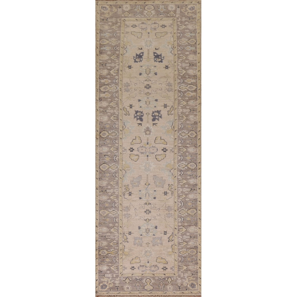 Hand Knotted Oriental 100% Wool Carpet Transitional Geometric Beige & Ivories Oushak Runner Rug - 9' 8'' X 2' 8''
