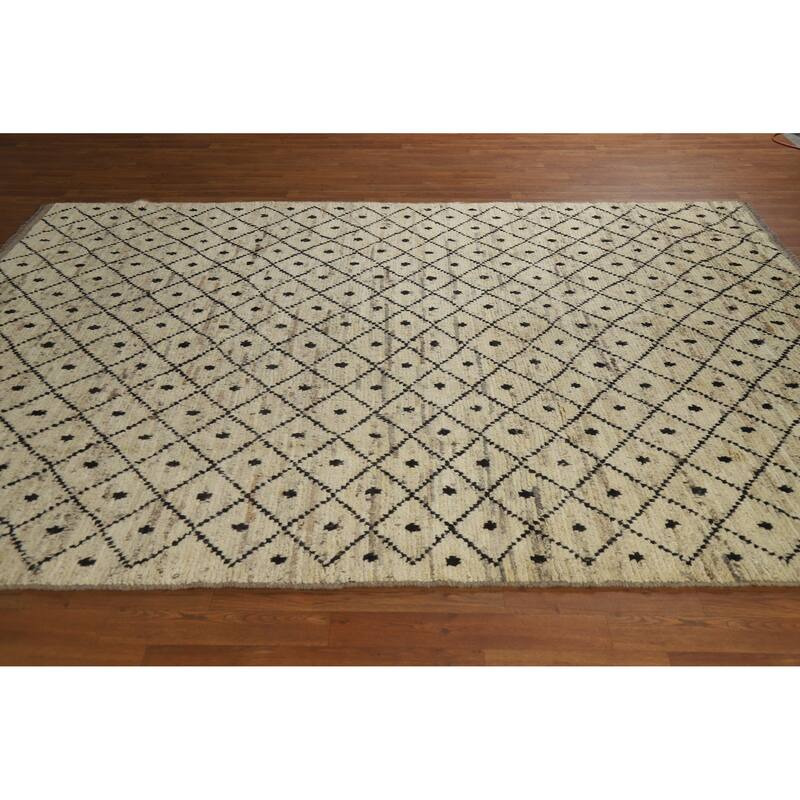 Beige Trellis Moroccan Oriental Area Rug Handmade Wool Carpet - 6'11" x 9'9"