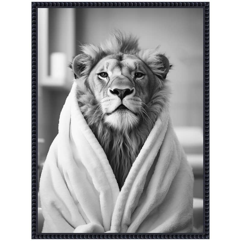Kate and Laurel Sylvie Lion Bathroom Art Towel Robe Black and White Framed Canvas by The Creative Bunch Studio