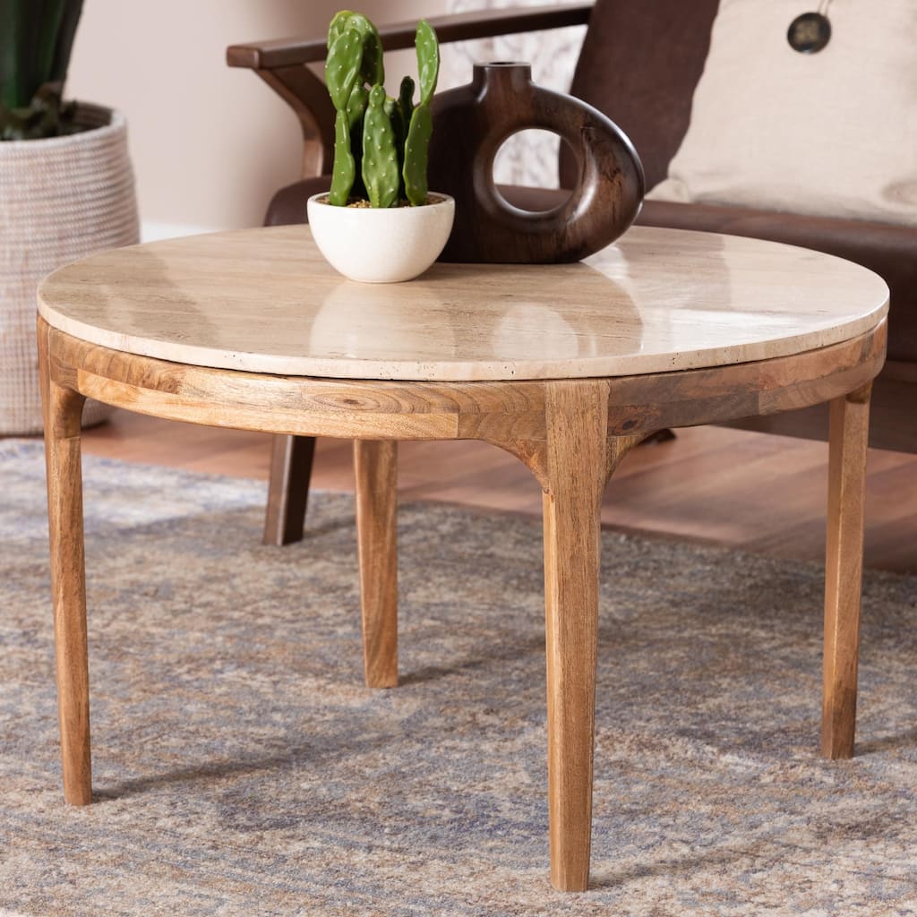 Prospero Round Travertine Coffee Table - Modern Accent Table with Mango Wood Frame for Living Room or Seating Areas